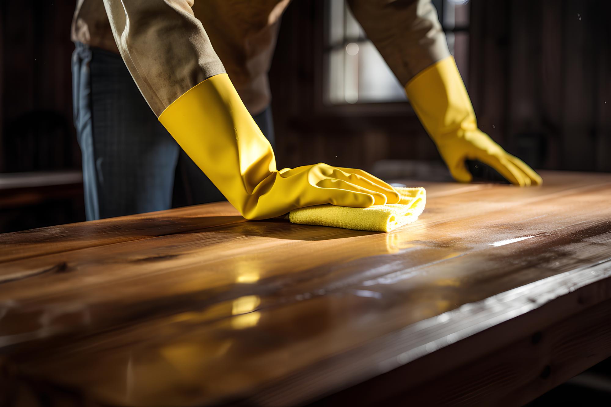 Uma mulher está limpando uma mesa de madeira com luvas de borracha.