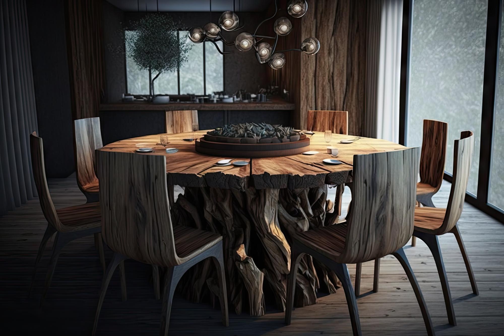Mesa de jantar de madeira cercada por cadeiras de madeira natural criadas com ai generativa