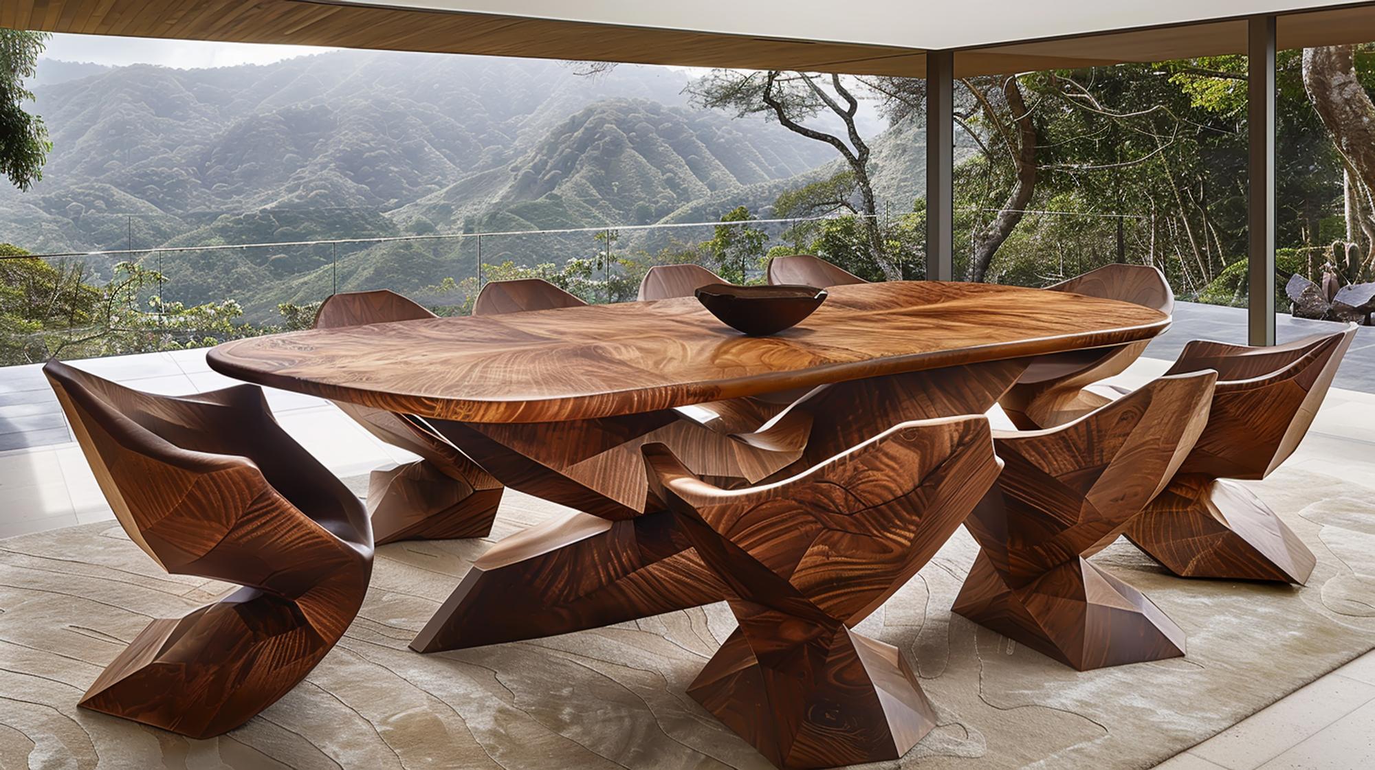 Jantar moderno de madeira em um luxuoso refúgio de montanha com vista panorâmica