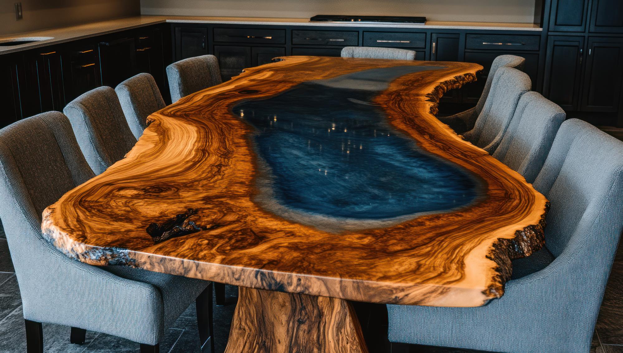Mesa de jantar de borda viva com incrustação de resina azul