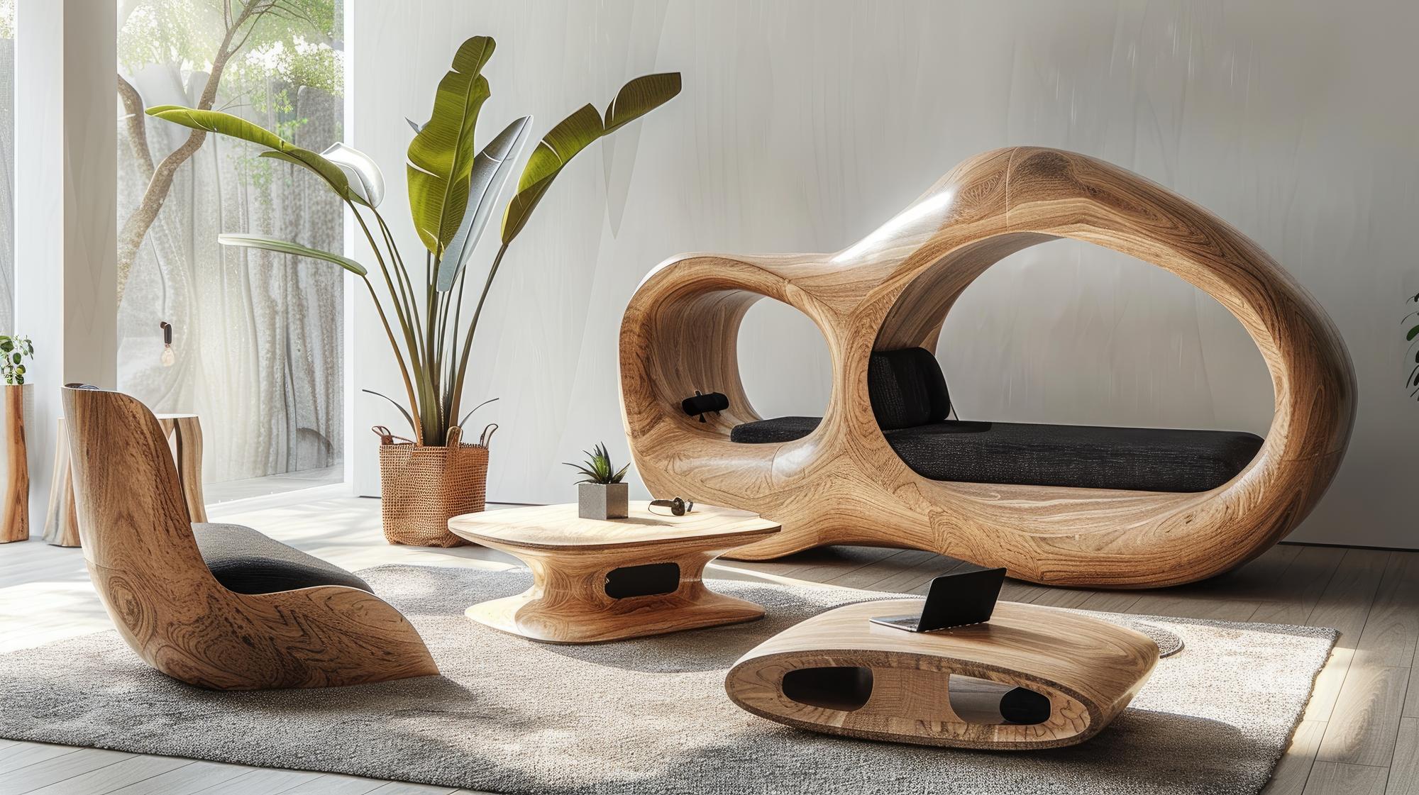 Sala de estar luxuosa com mesa de madeira maciça orgânica e plantas ao redor, criando um ambiente biofílico