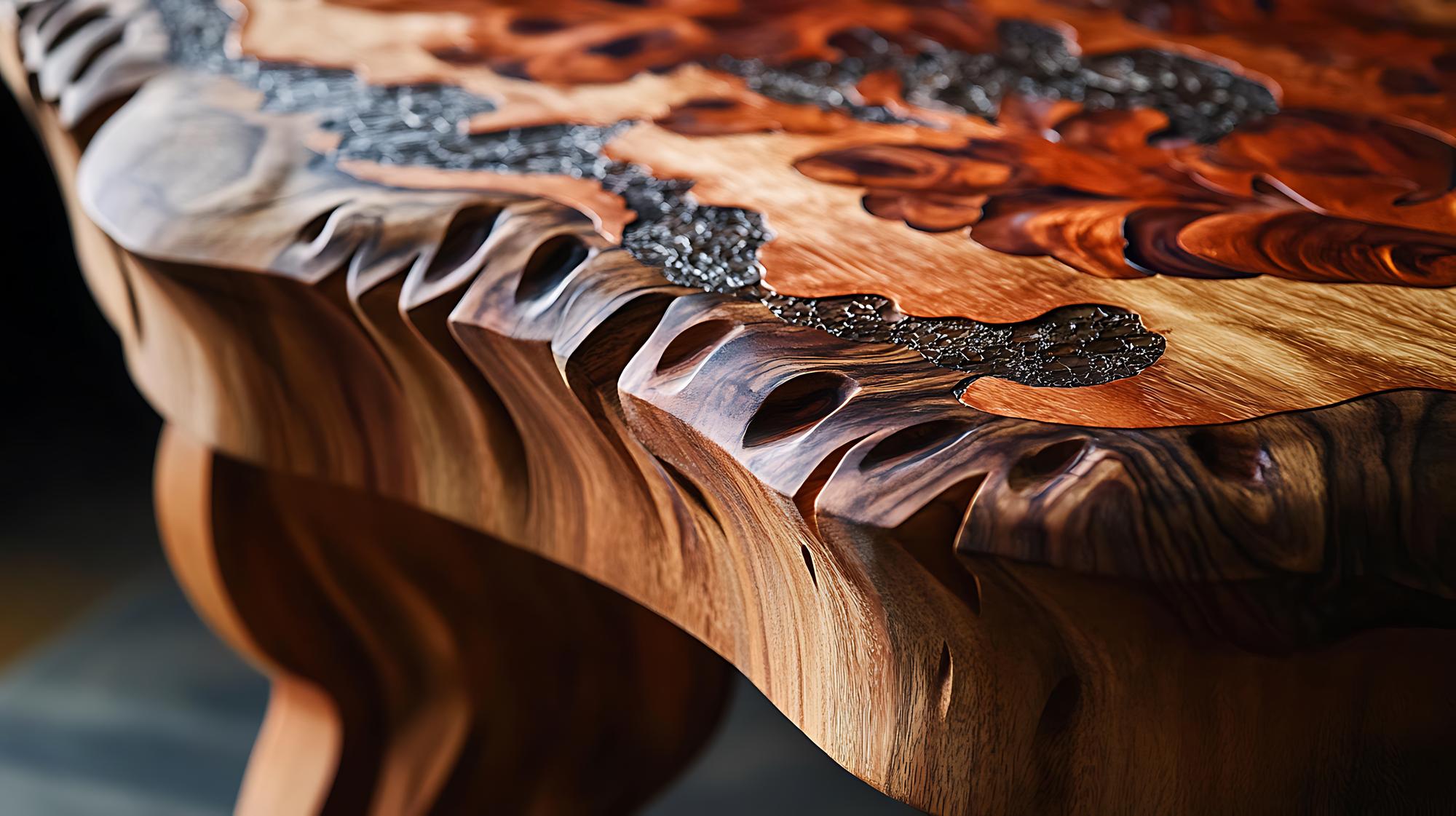 Close-up de uma mesa de madeira com incrustações de resina