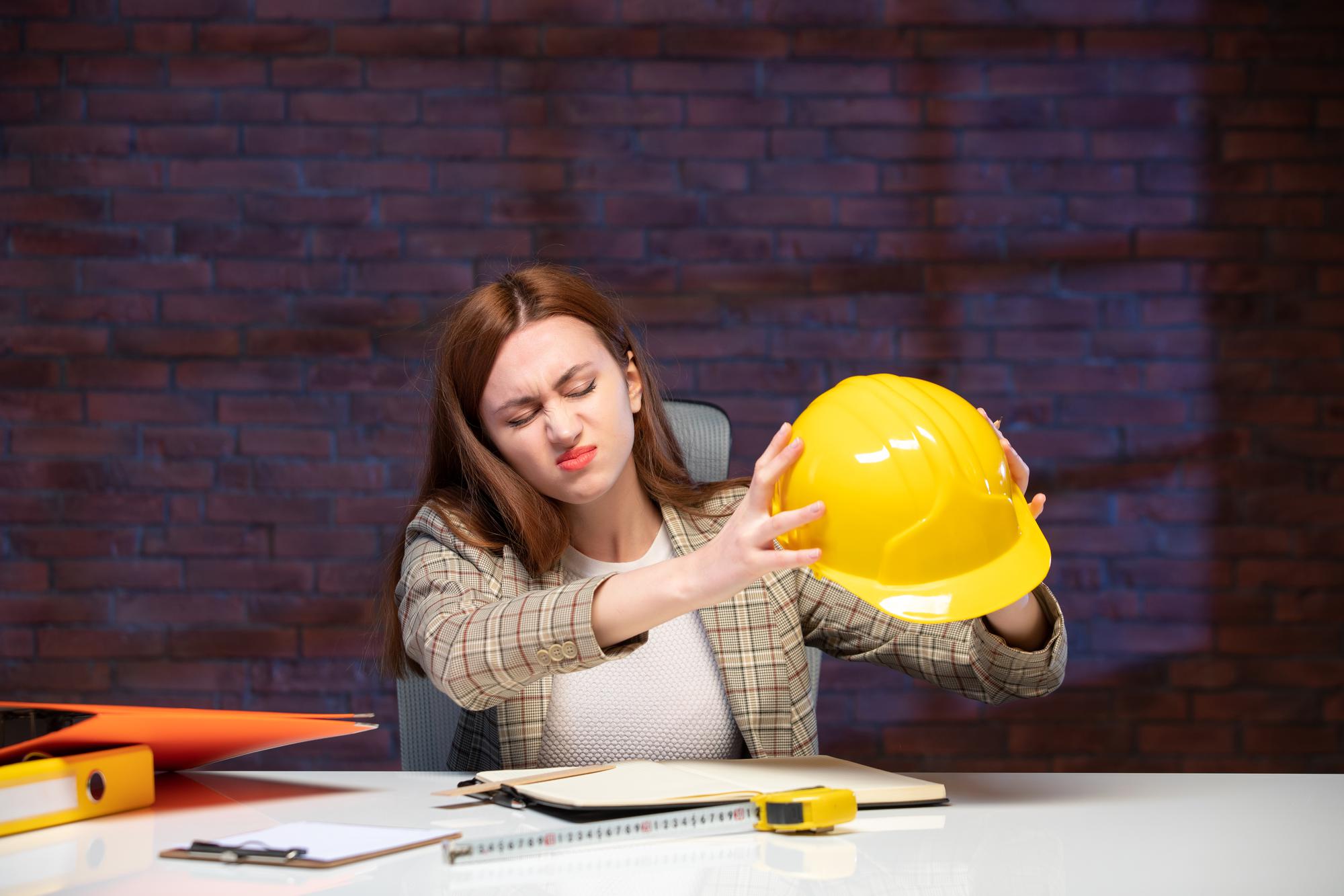 vista frontal engenheira sentada atrás de seu local de trabalho segurando capacete amarelo agenda de trabalho plano propriedade corporativa empreiteiro empreiteiro sucesso