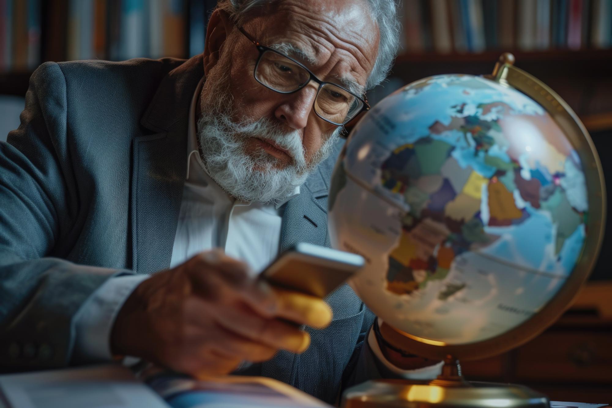Homem idoso usa telefone para escolher destino de viagem