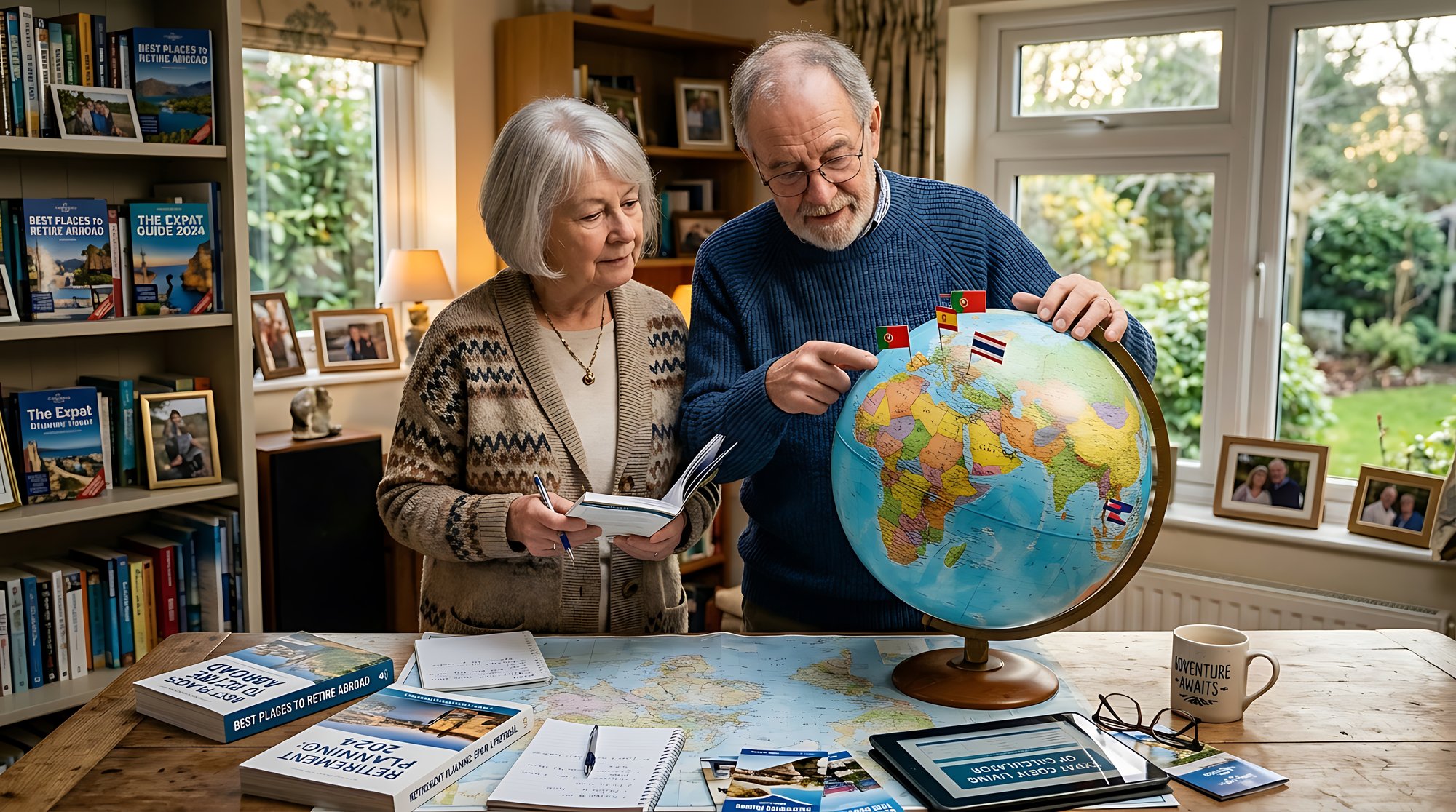 Casal idoso planejando aposentadoria e viagens com um globo terrestre no escritório em casa
