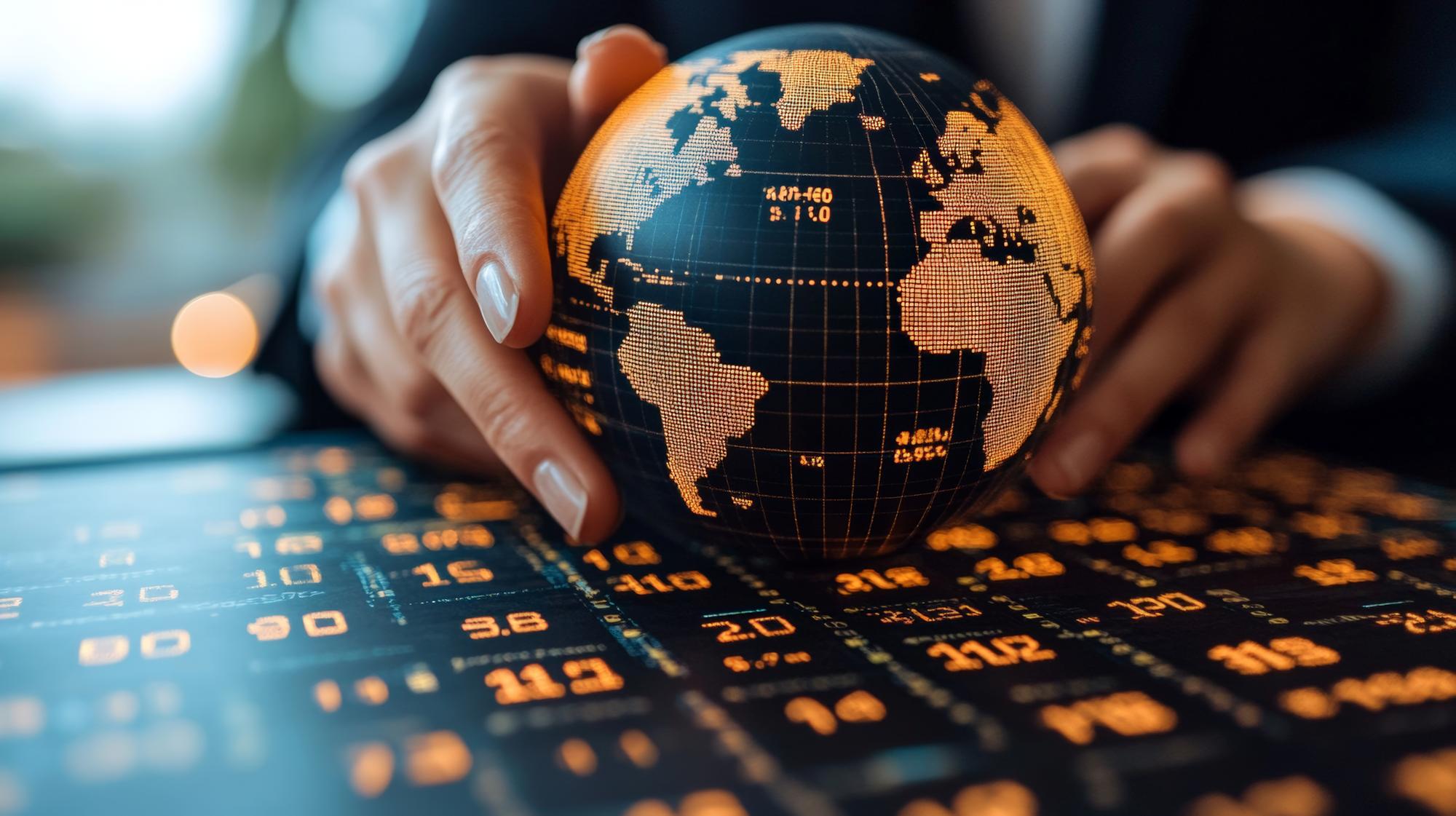 Mão gigante empurrando o globo com dados financeiros