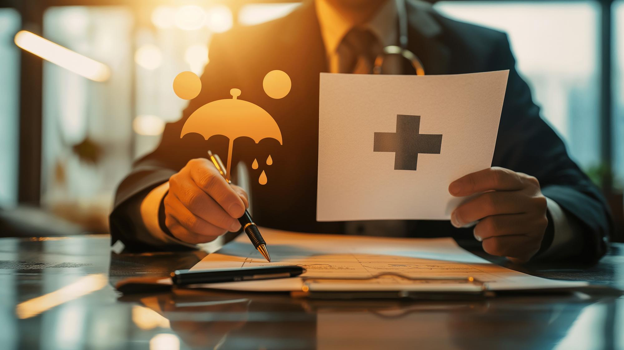 Um homem está segurando um cartão que diz serviço médico