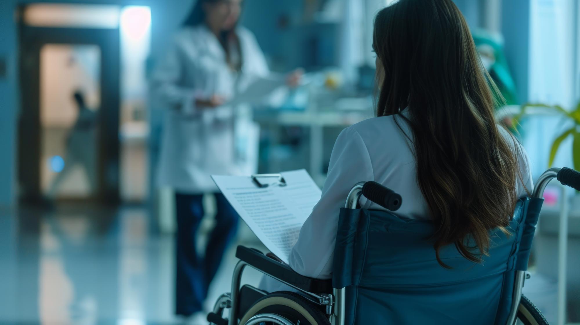 Um profissional de saúde ajuda um paciente em um ambiente hospitalar moderno A cena captura compaixão e cuidado Ideal para projetos relacionados à saúde marketing médico ou apoio ao paciente IA