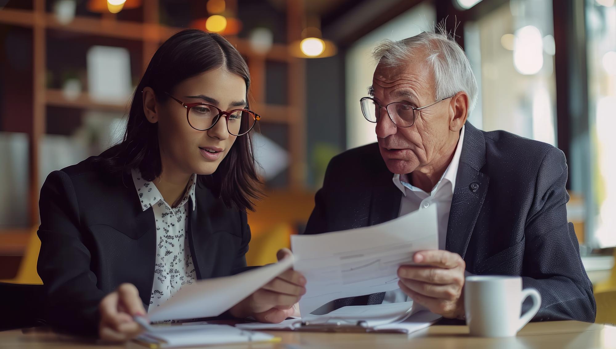 Uma conversa profissional formal no escritório entre um colega mais velho e um jovem