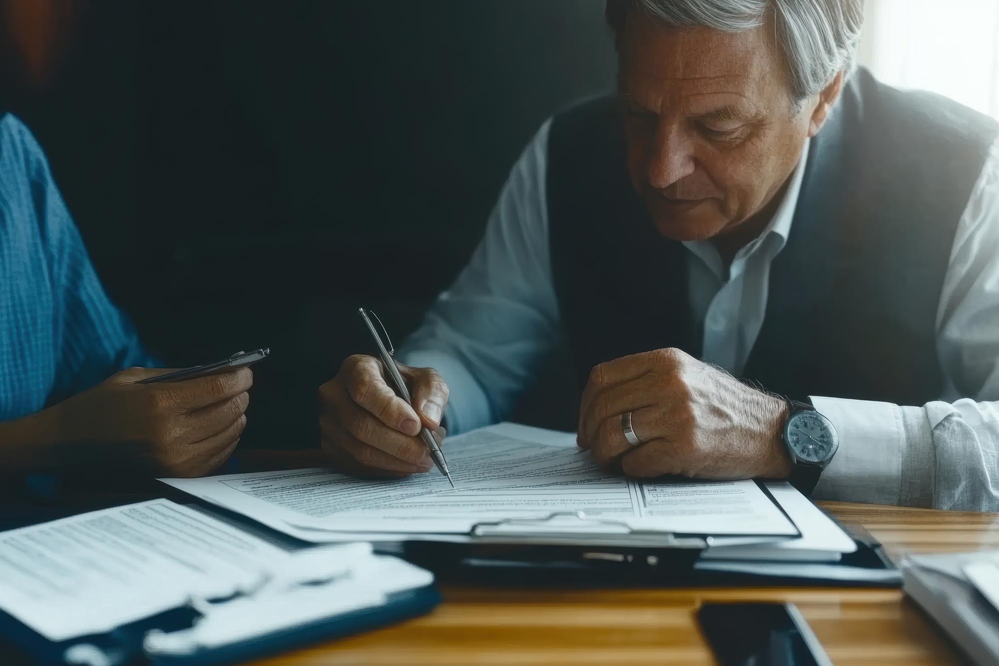 Advogado que revisa e assina documentos legais no escritório