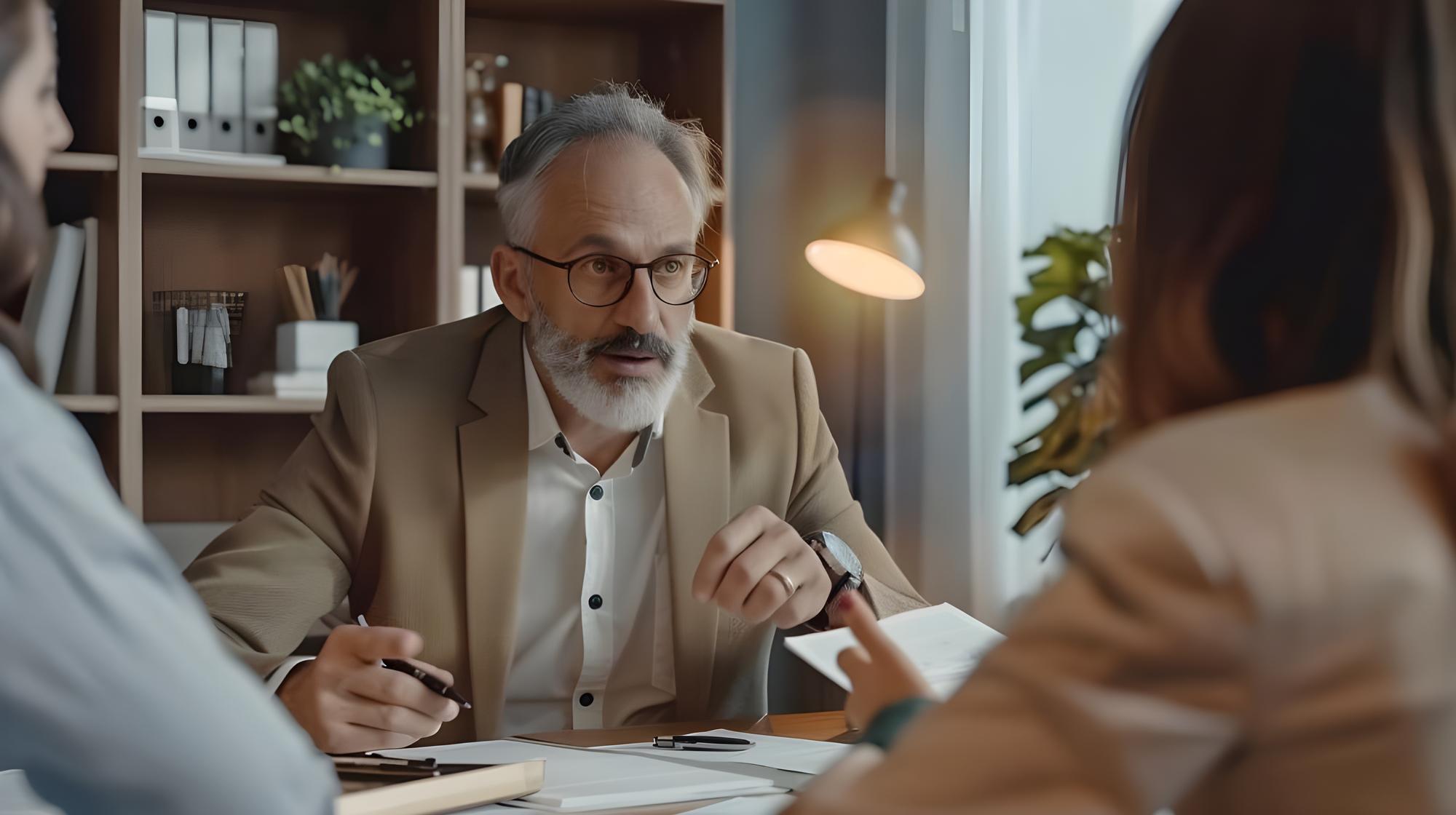 um homem com barba e óculos está sentado em uma mesa com um livro e uma mulher em um terno