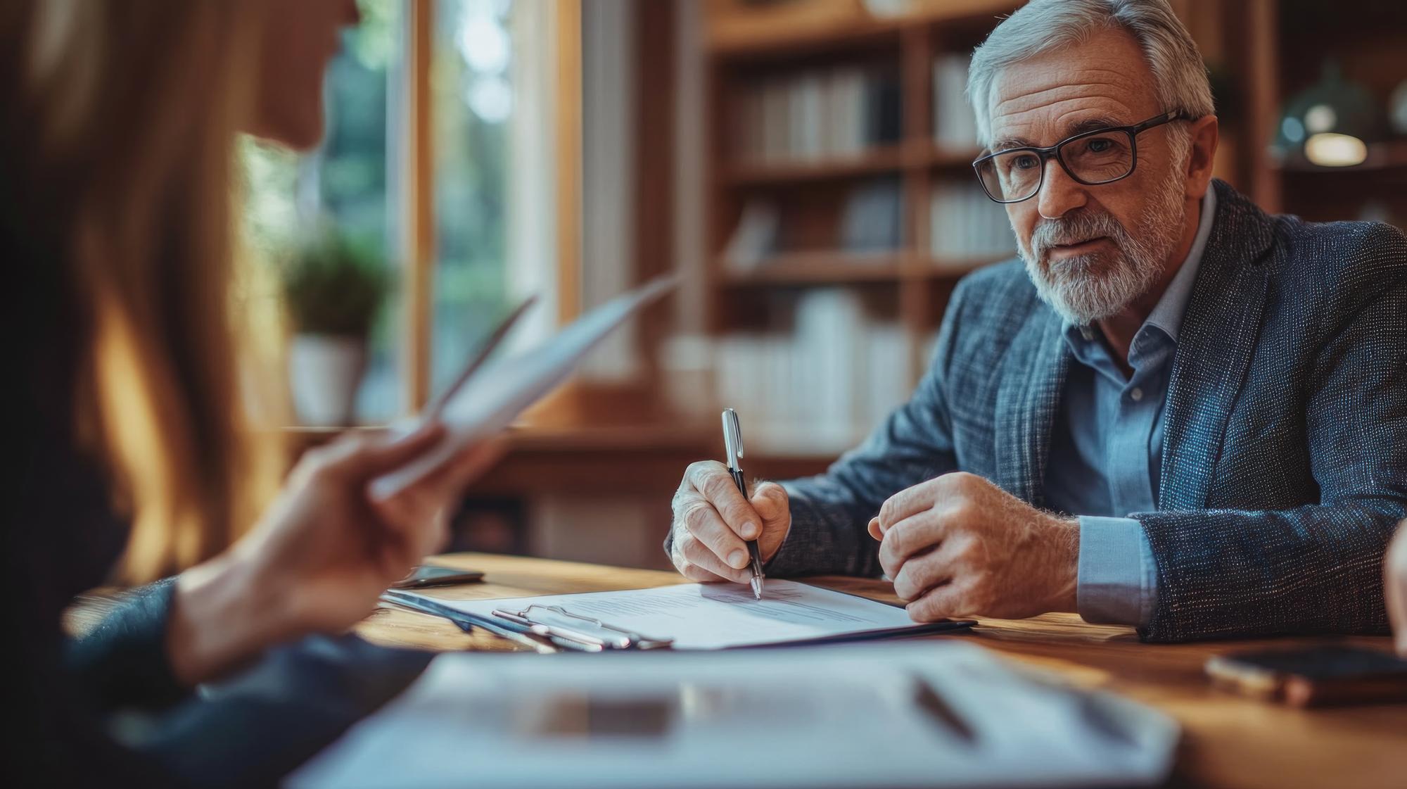 Um homem e uma mulher estão sentados em uma mesa com papéis na frente deles