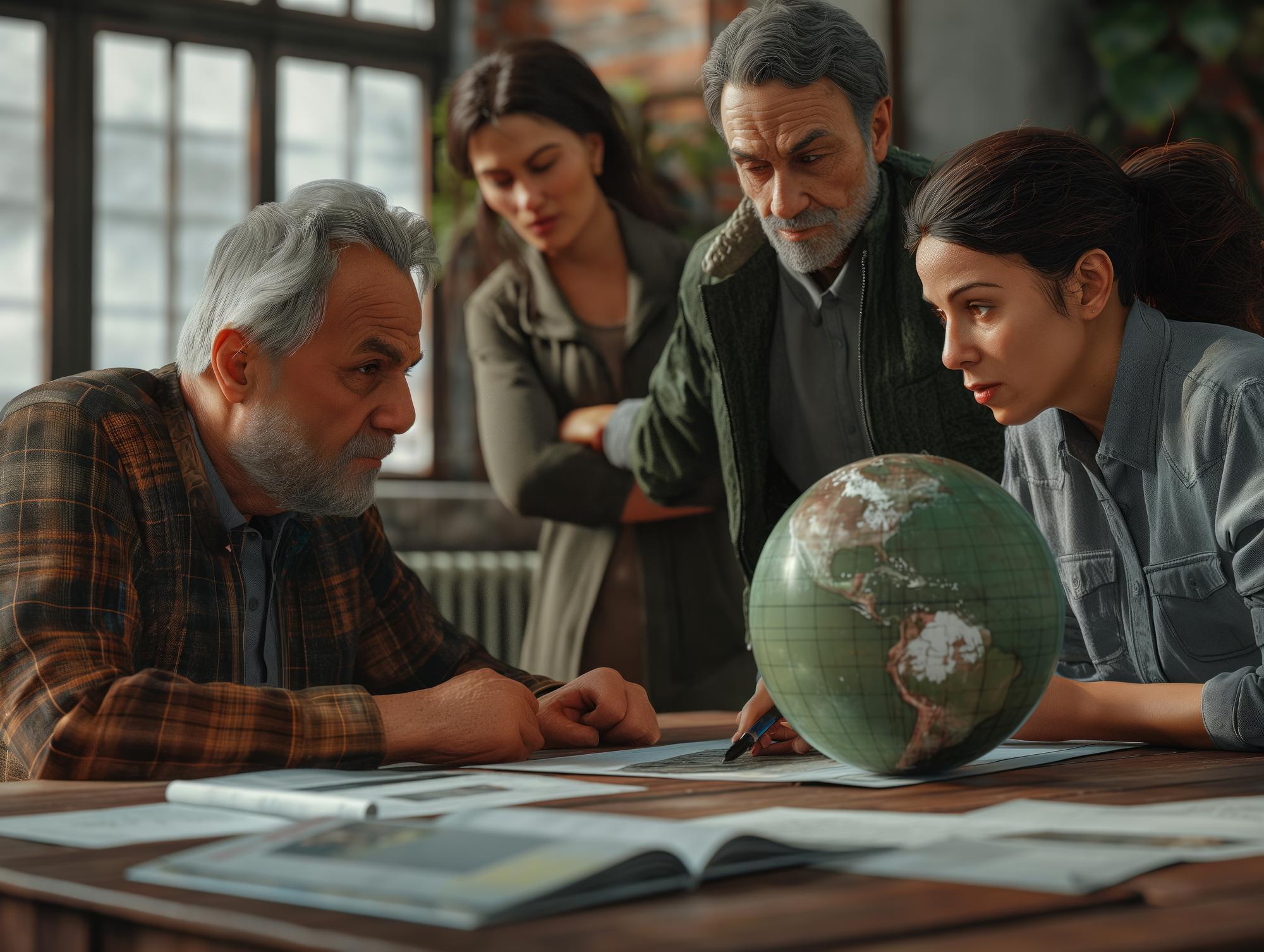 Um grupo de pessoas está olhando para um globo numa mesa