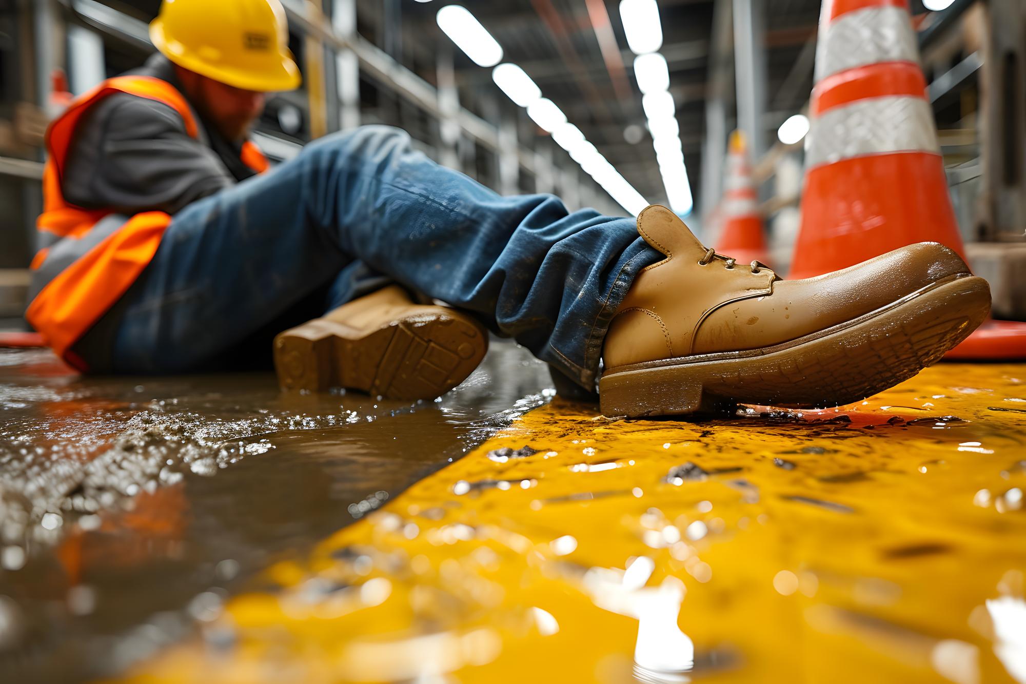Um trabalhador da construção que sofre um acidente de deslizamento e queda num chão molhado num canteiro de obras