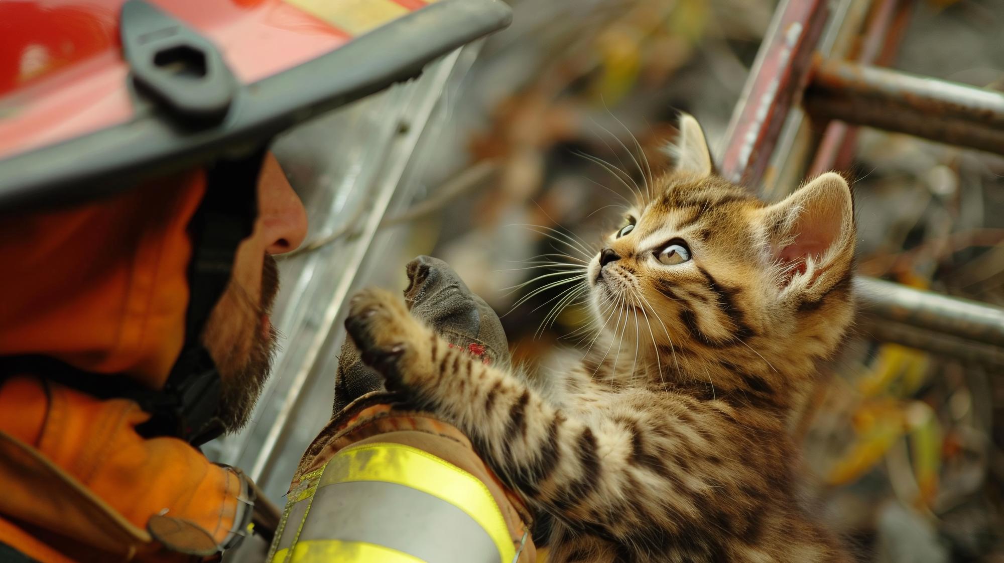 Bombeiro ou socorrista resgata um gatinho de uma árvore Foto em close Cuide dos animais
