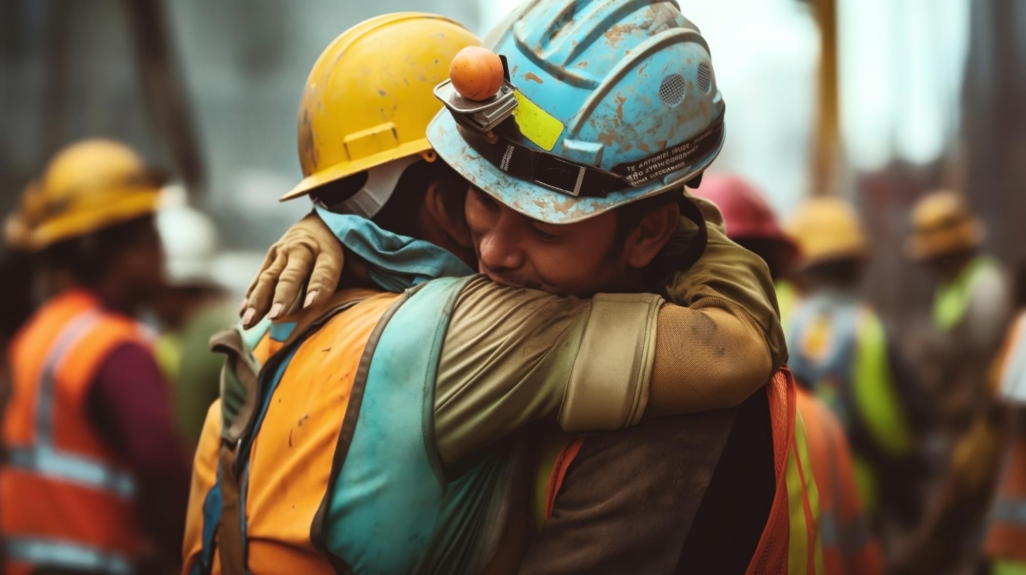 Dois trabalhadores da construção em capacetes compartilhando um abraço emocional em um local de trabalho