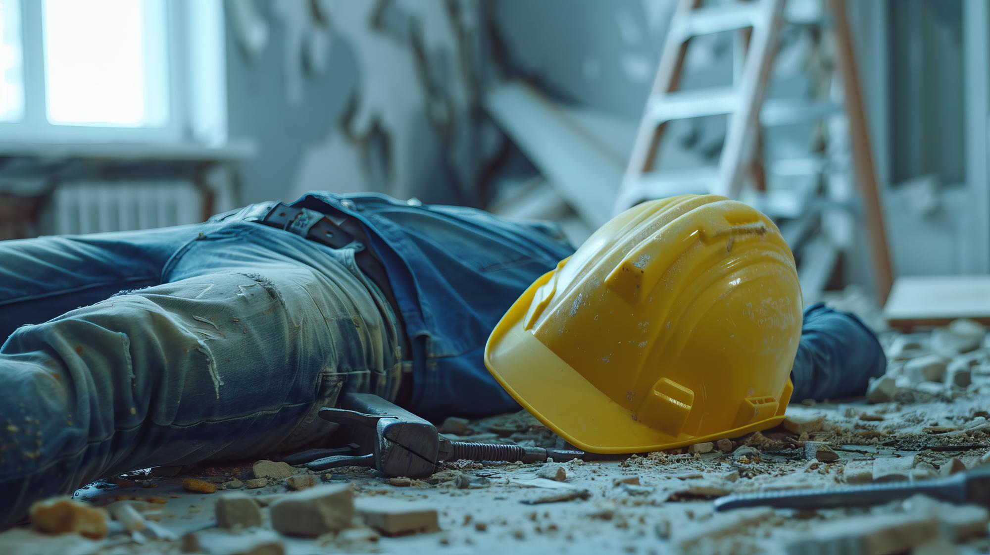 Escena de acidente de construção retratando um trabalhador caído Representação dramática para a conscientização sobre a segurança Visão em close-up com foco em capacete e detritos Perfeito para ilustrar os riscos no local de trabalho AI