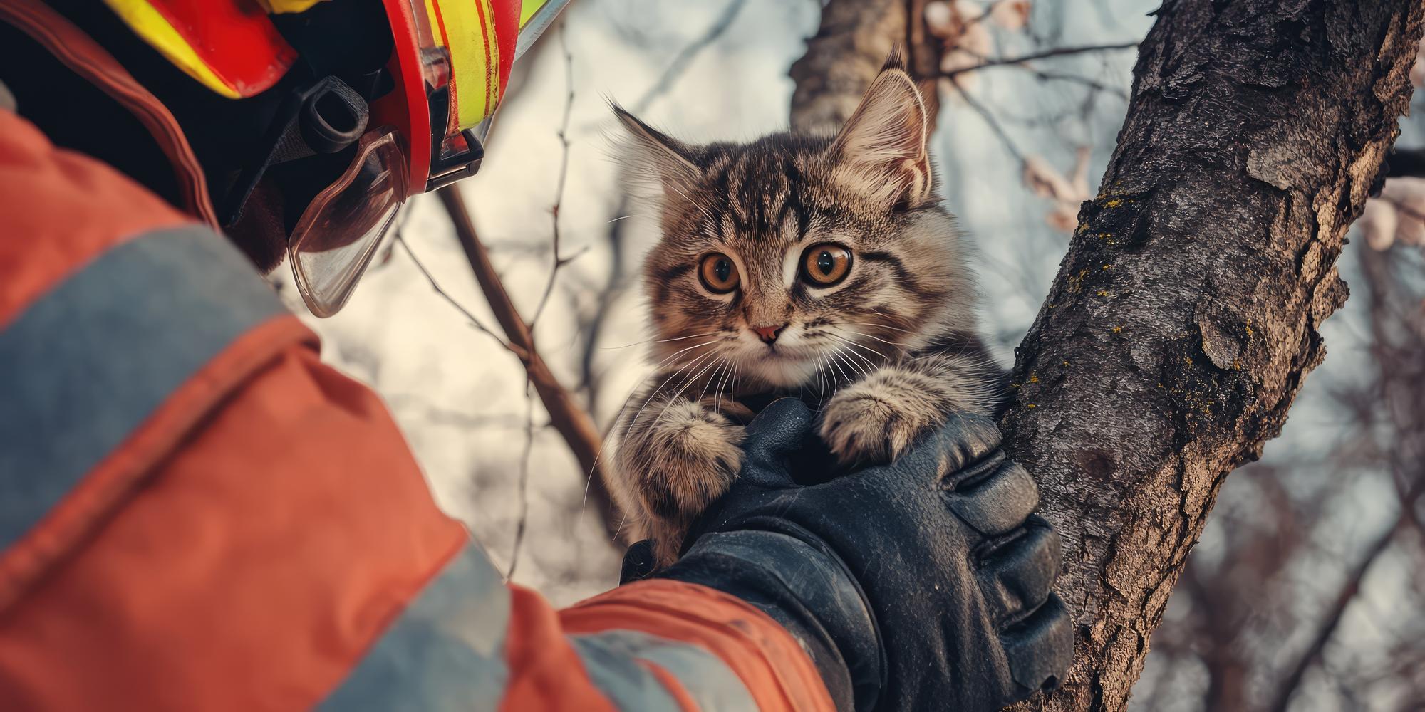 Bombeiro resgatando um gato de uma árvore, ilustração gerada por IA