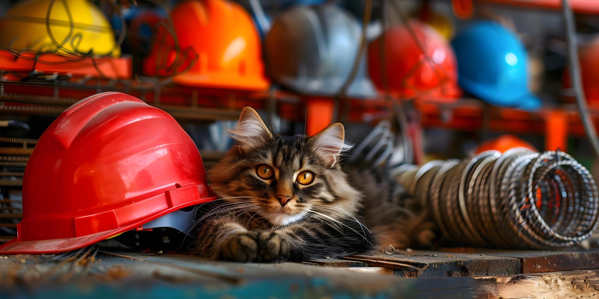 Gato usando um capacete de construção cercado por materiais de construção Conceito Capacete de construção de gato materiais de construção