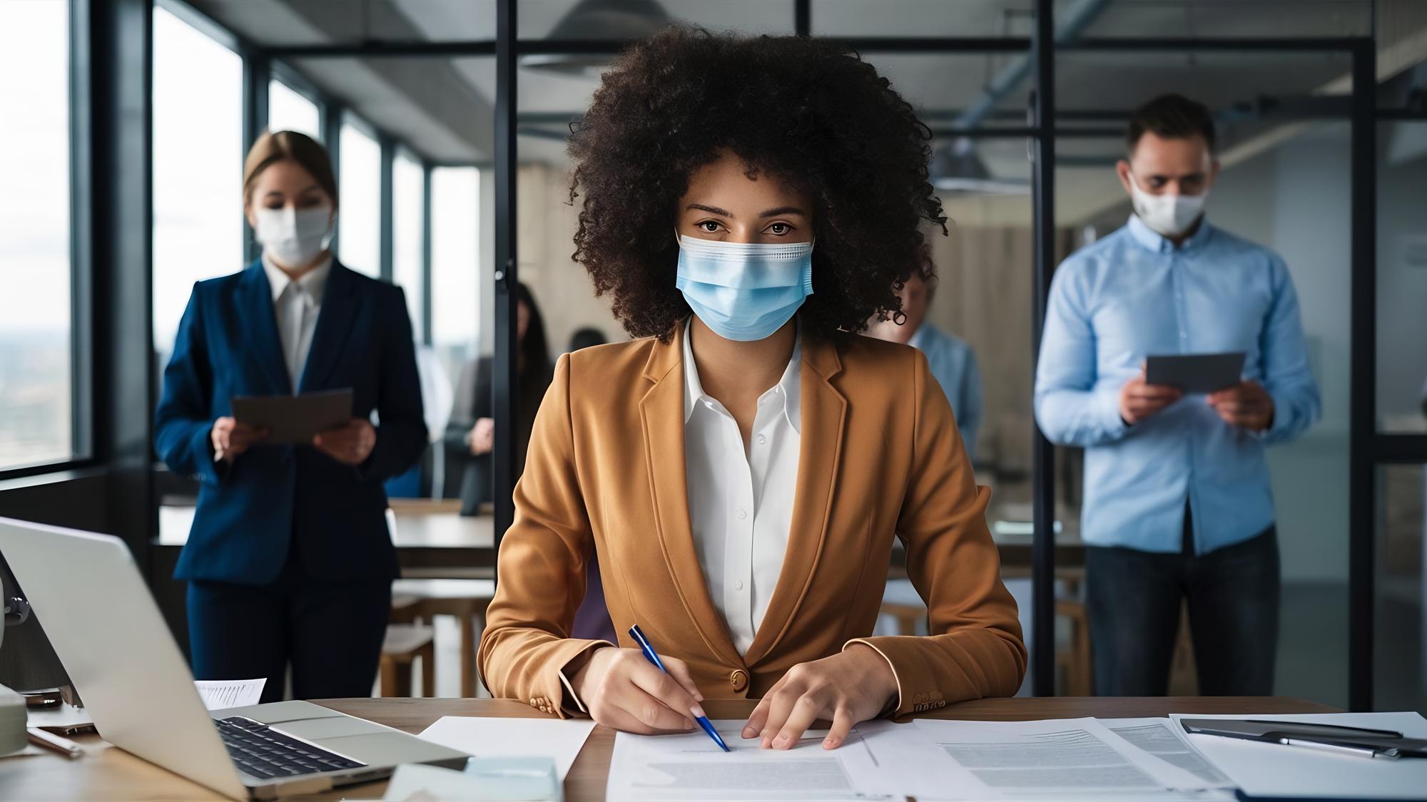 Mulher de negócios com máscara de rosto trabalhando com papéis trabalho em equipe bem sucedido da empresa
