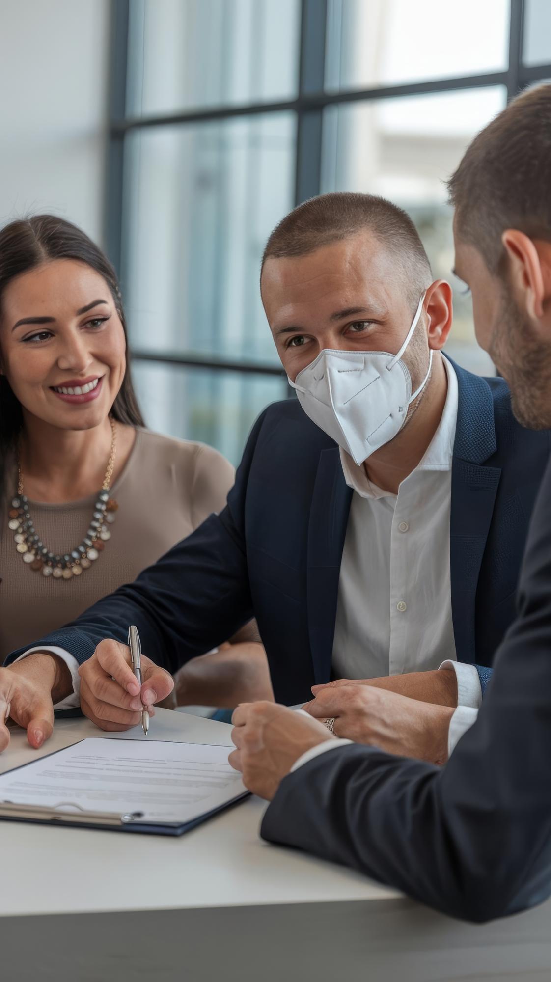 Homem com máscara de proteção falando com sua esposa enquanto assina contrato com seu agente de seguros