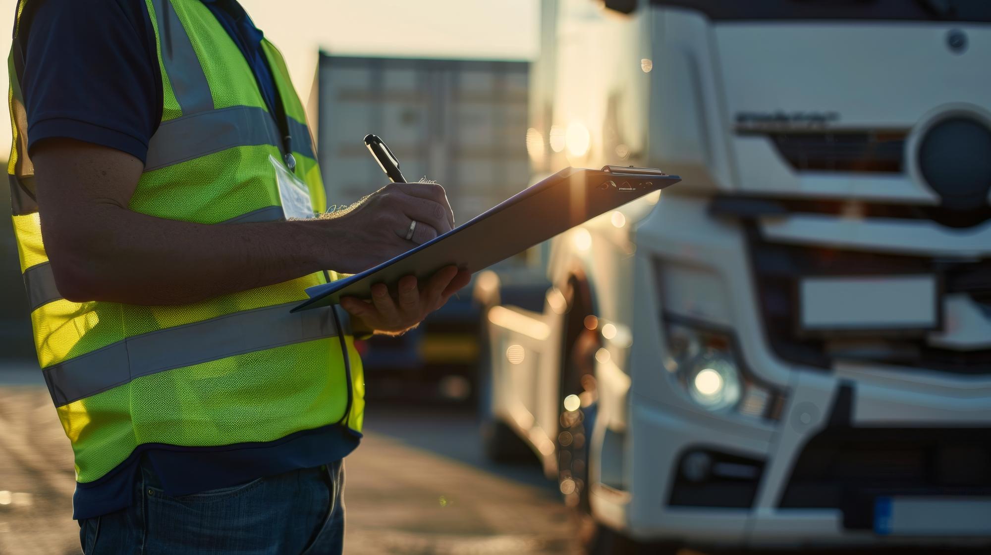 Trabalhador inspecionando um caminhão de entrega