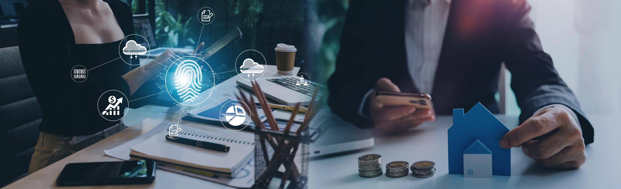 Transações on-line Empresário tocando digitalização de impressão digital fornece interface de segurança pagamento de compras bancárias e conexão de rede de computação em nuvem na tela virtual