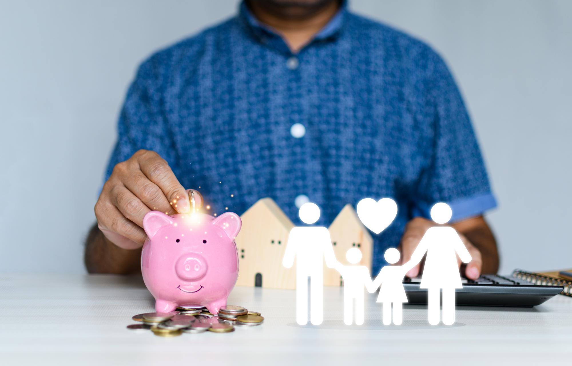 Futuro de sonho de muitas famílias, lâmpada piggybank e família de ícones na doação de solo, salvando o conceito de plano de finanças familiares de caridade, arrecadação de fundos, investimento de aposentadoria, conceito de crise financeira