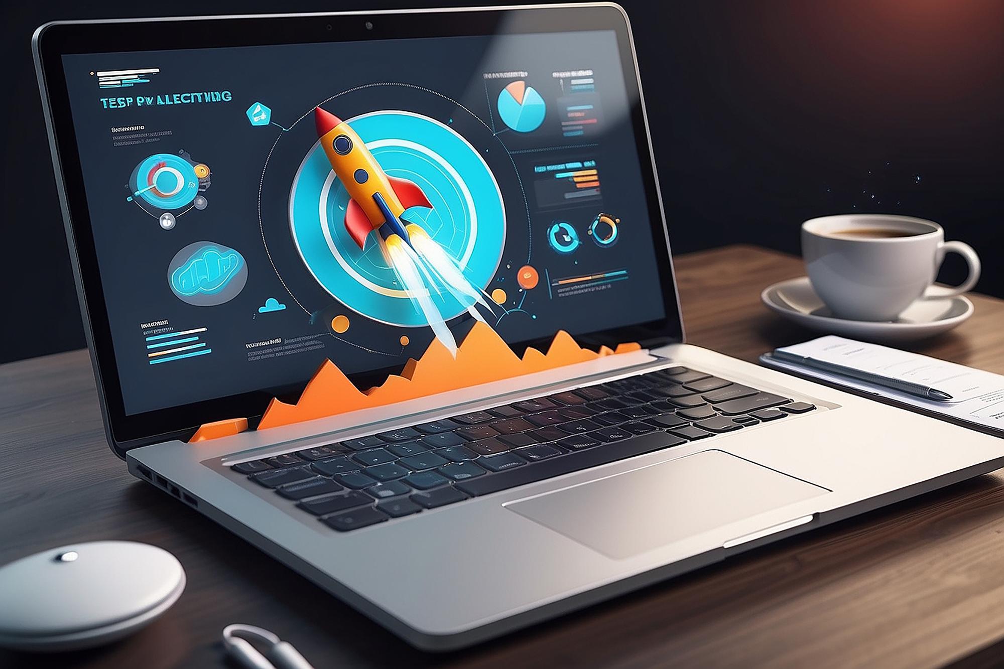 Otimização de SEO 3D com foguete para marketing Interface de conceito de mídia social para estratégia de análise da web e planejamento de pesquisa em laptop Estratégia de SEO Vector 3D Ilustração de renderização de ícone