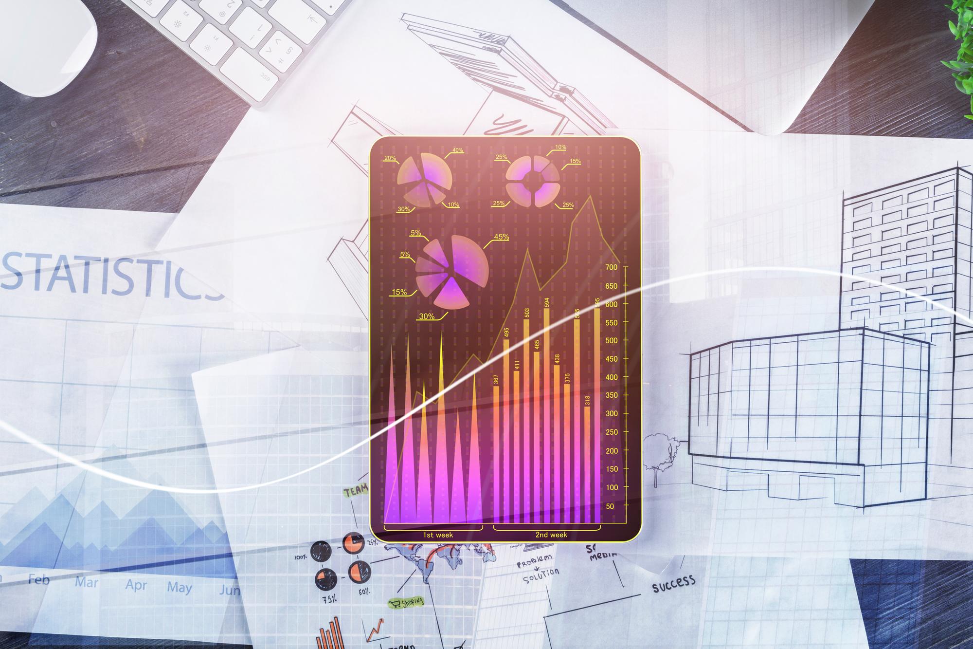 Interface moderna de um dashboard de métricas digitais mostrando crescimento de ROI através de design estratégico