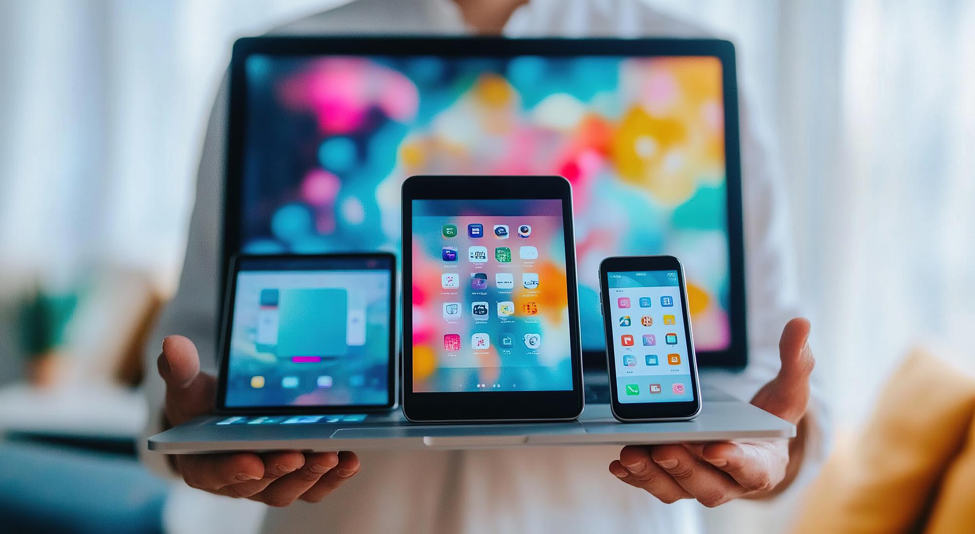 Visualização técnica de um site moderno em diferentes dispositivos como tablet, celular e desktop com foco na velocidade e UX