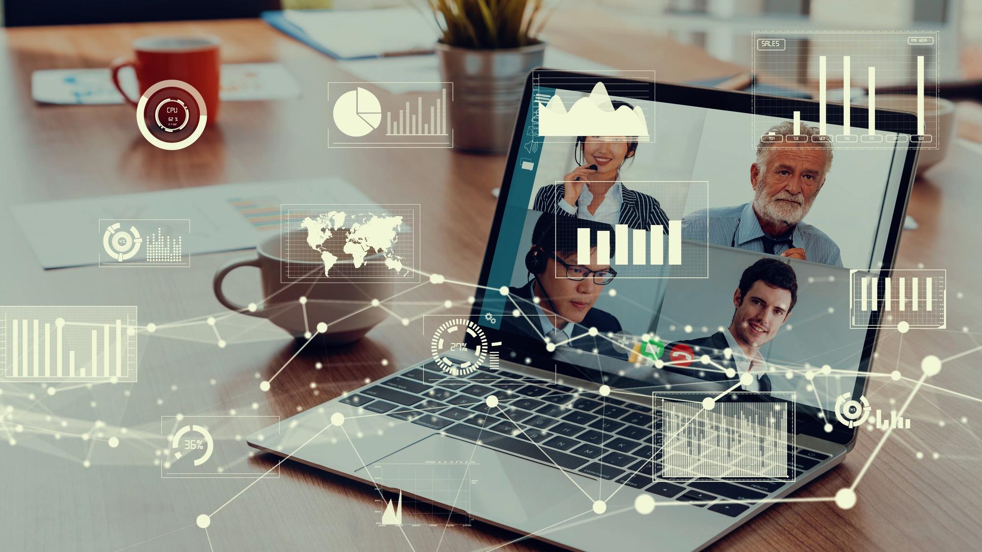 Visual criativo de executivos em uma reunião de equipe corporativa em videochamada