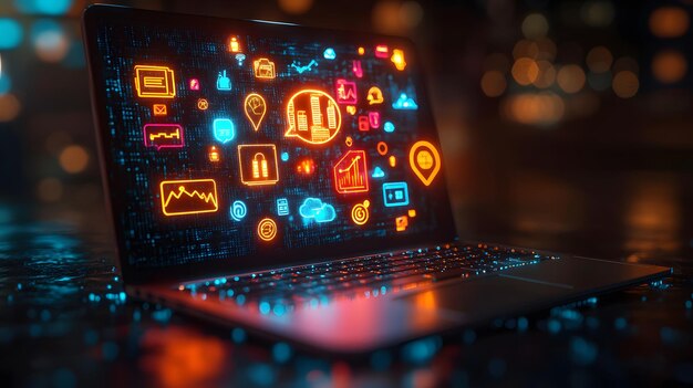 Ícones de marketing digital animados em 3D emergindo de um laptop dinâmicos e modernos mostrando várias estratégias on-line