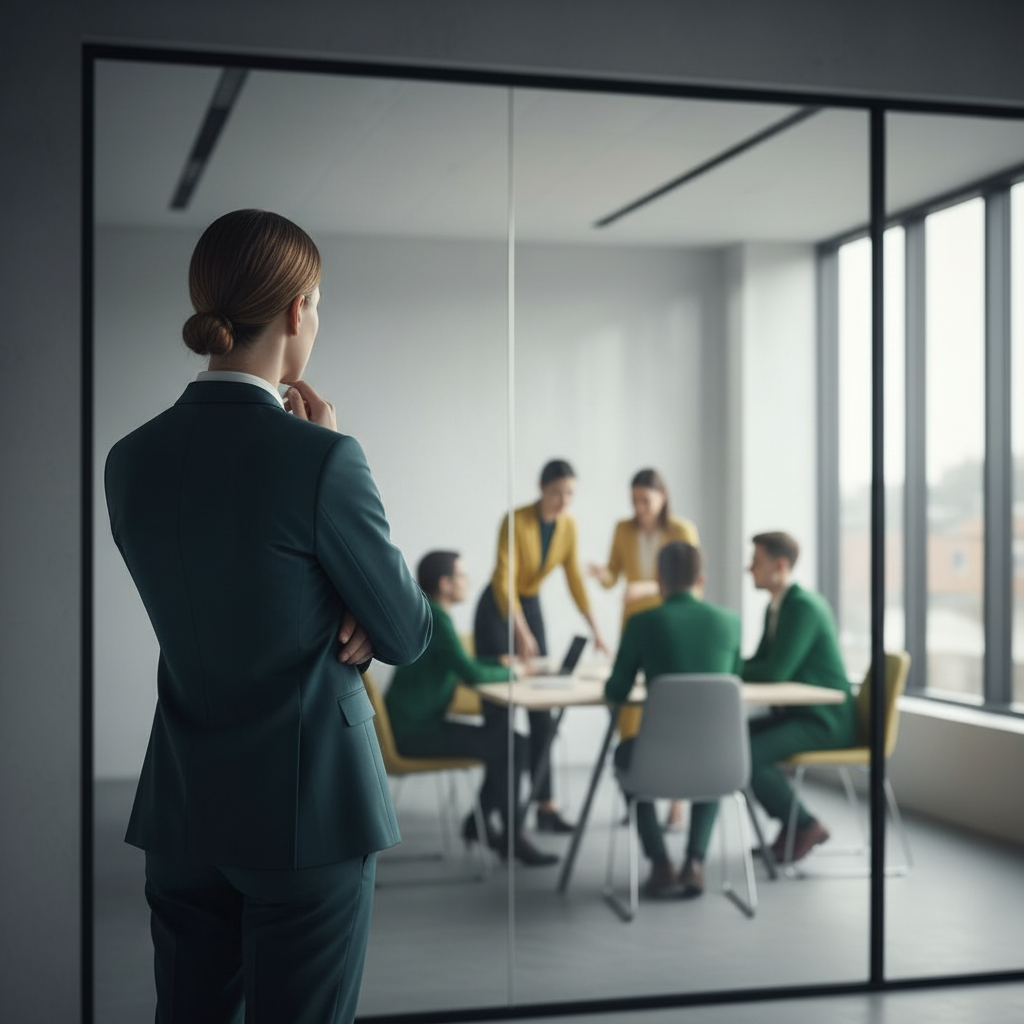 Representação conceitual de um indivíduo em um ambiente corporativo moderno observando a distância a interação social, simbolizando a introspecção e a análise comportamental