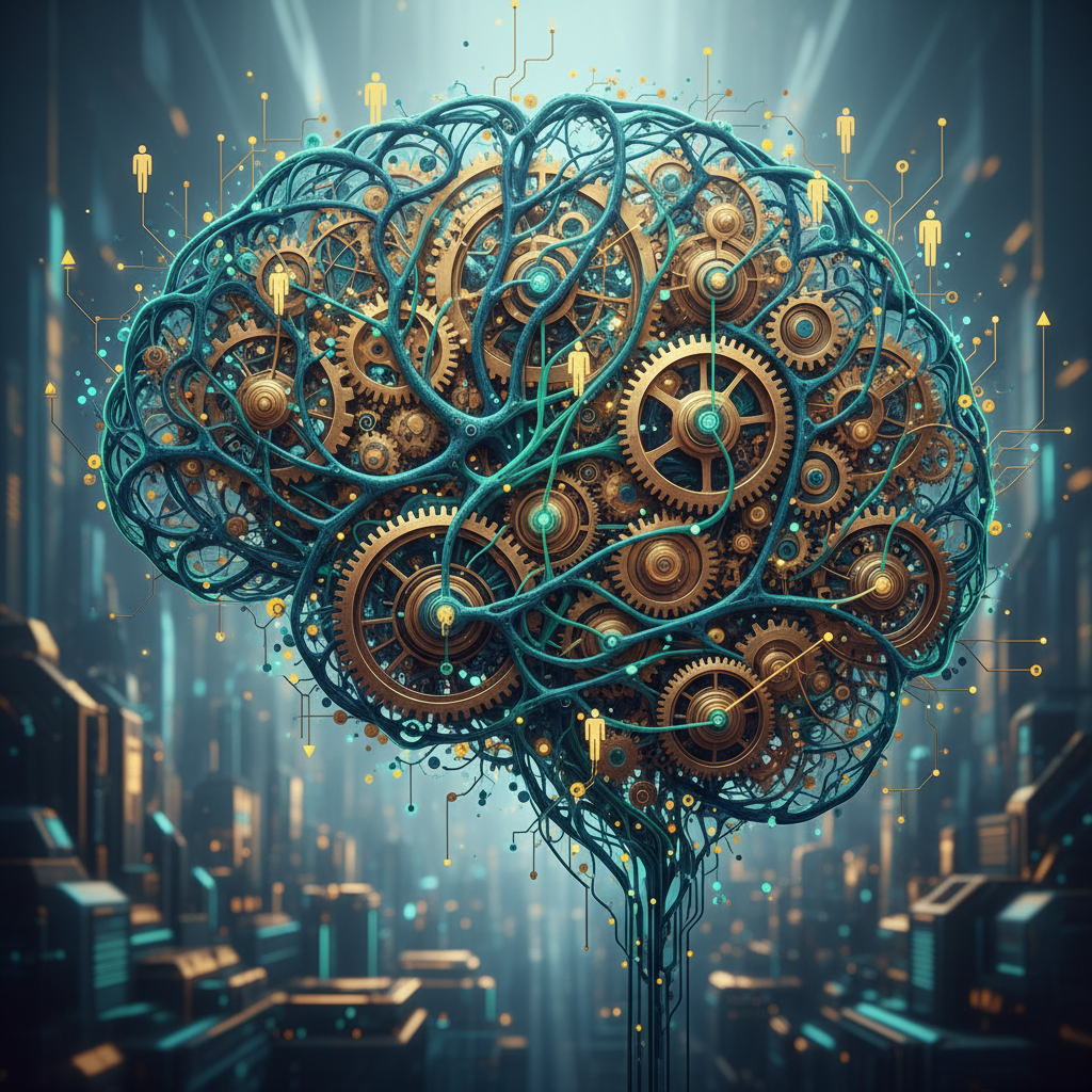 Uma análise visual de redes complexas e conexões neurais fundindo-se com engrenagens, representando a intersecção entre a lógica sistêmica e o comportamento humano