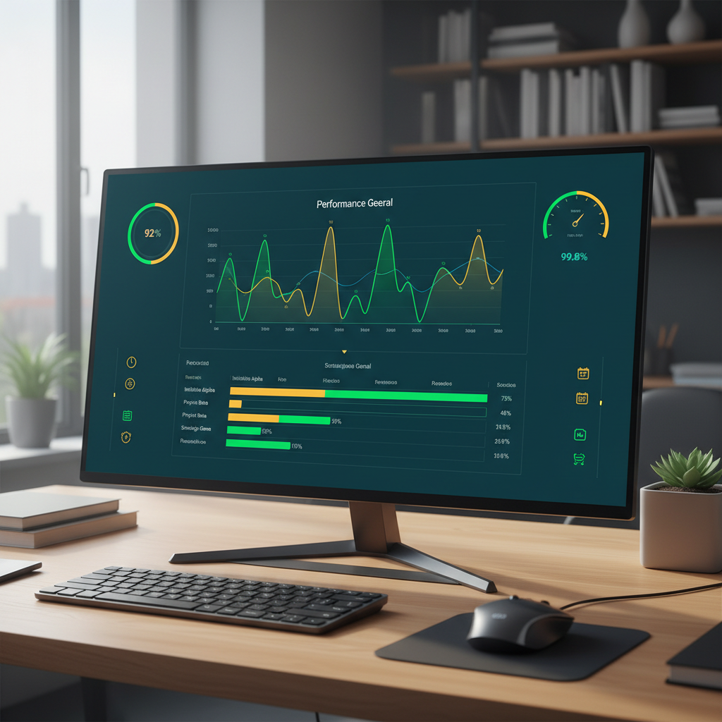 Interface de gestão de alto nível com gráficos de performance e cronogramas detalhados, transmitindo controle, precisão e clareza técnica