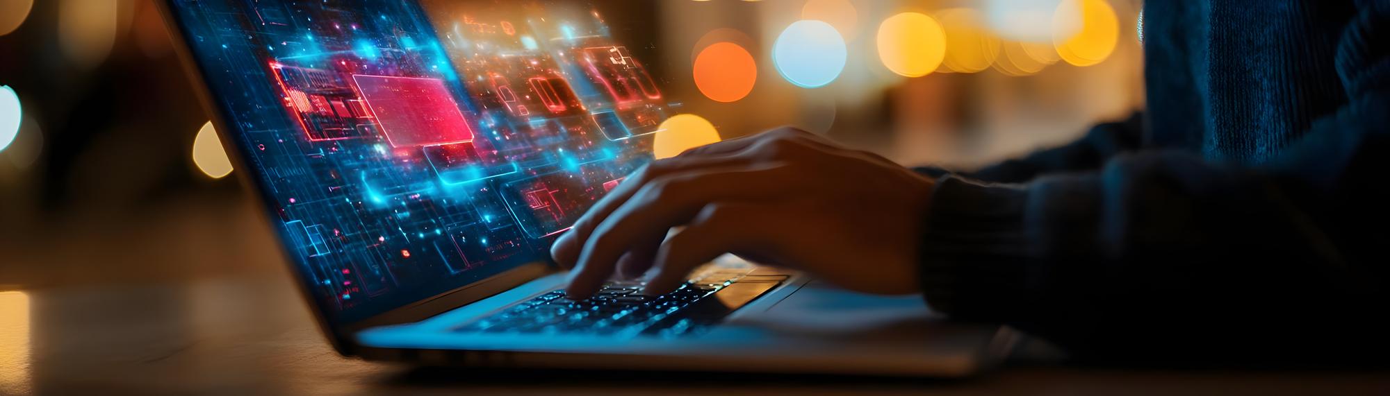 Ilustração de tecnologia abstrata Mãos digitando em laptop com circuitos brilhantes Visual