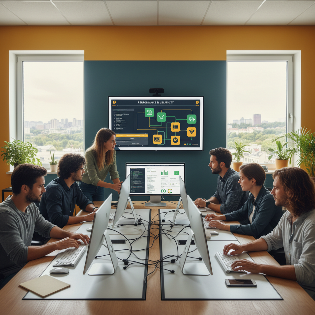Equipe de desenvolvedores focada em performance e usabilidade em um ambiente moderno e colaborativo.