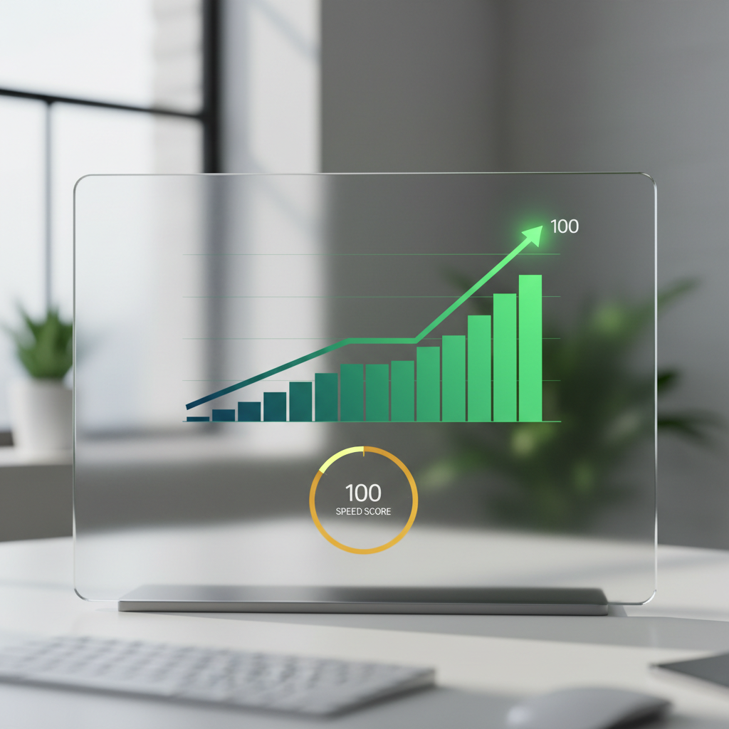 Gráfico de performance de um site atingindo 100 pontos de velocidade, transmitindo clareza e eficiência profissional.