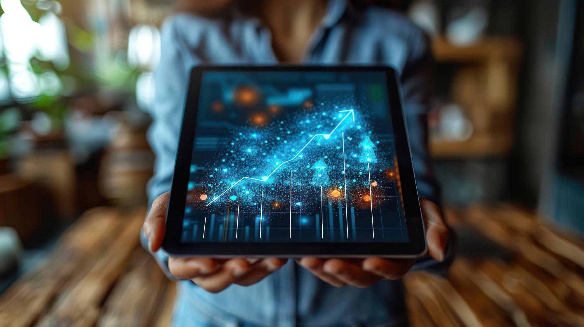 Empresário analisando métricas de crescimento em um tablet moderno com interface limpa e estratégica