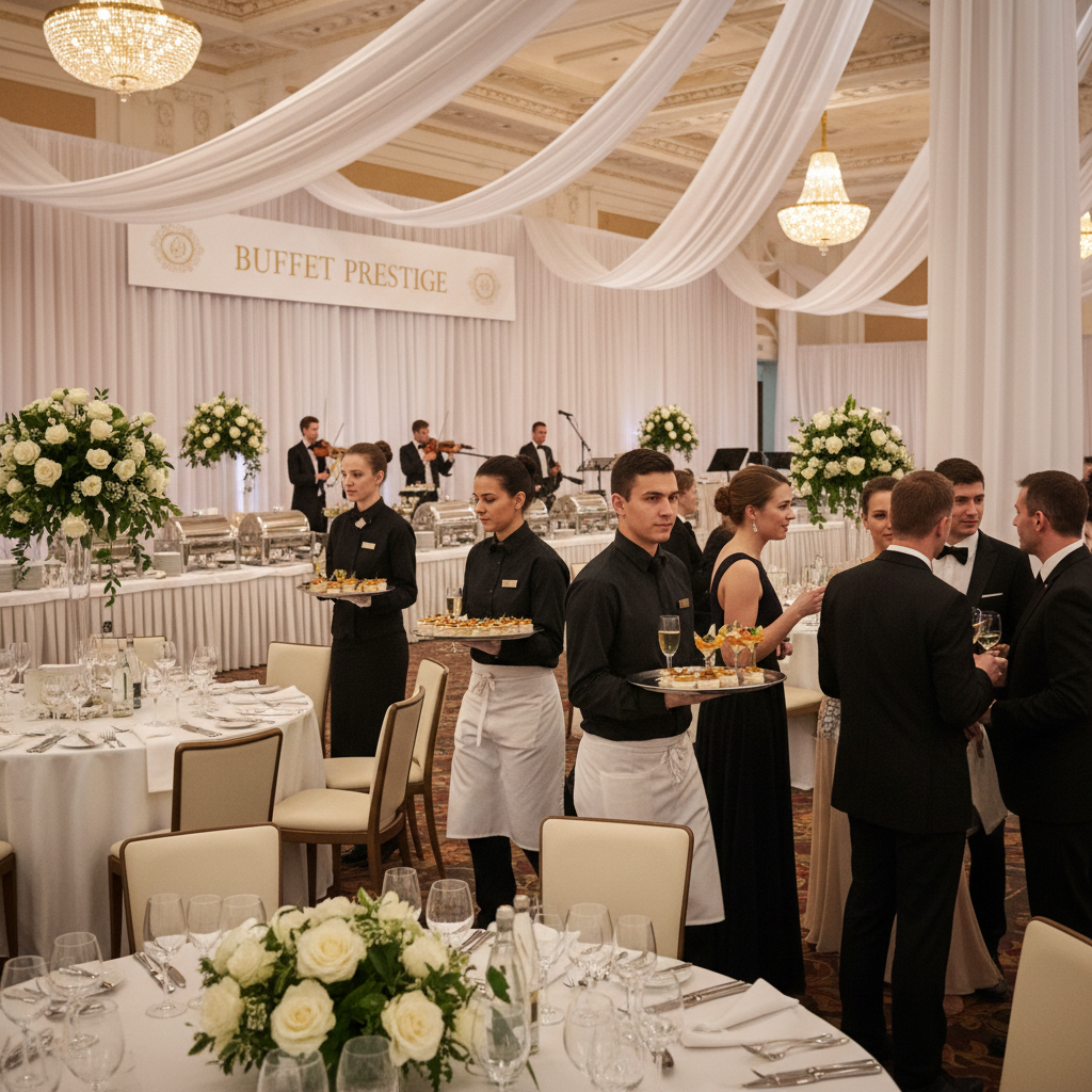 Equipe de buffet profissional servindo convidados com elegância em um evento social