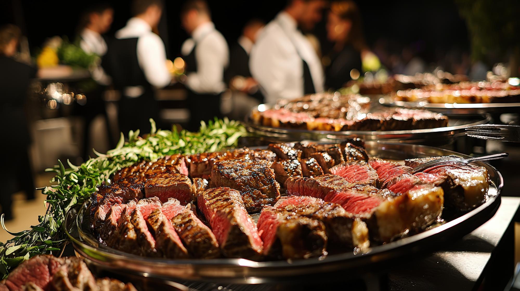 Um buffet de bife luxuoso num evento de luxo com trajes formais e empregados em um ambiente elegante.