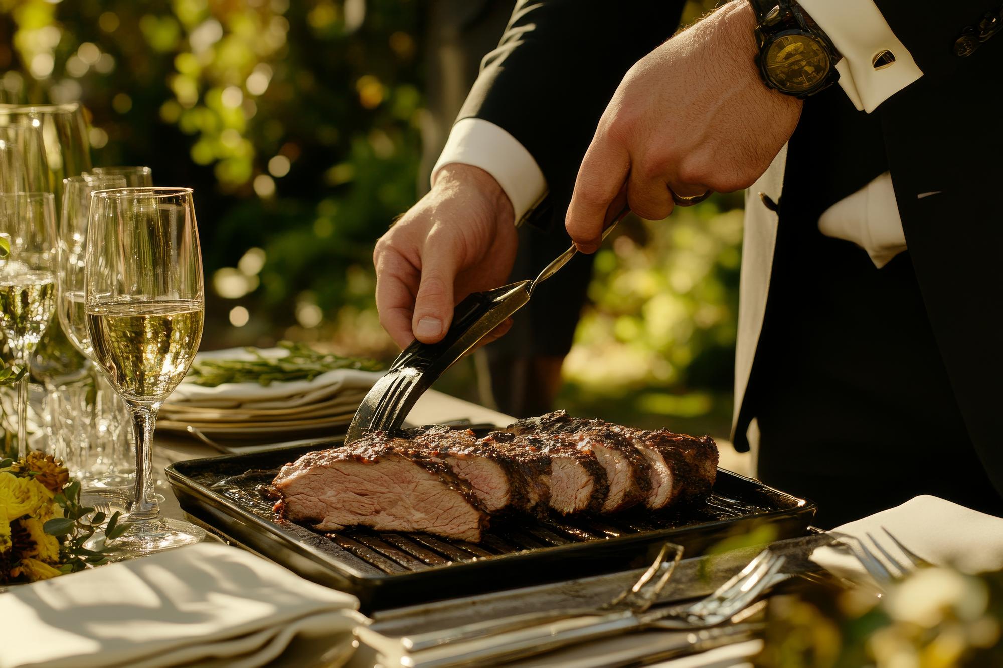 O foco suave é em mãos preparando pratos de churrasco em uma mesa vazia