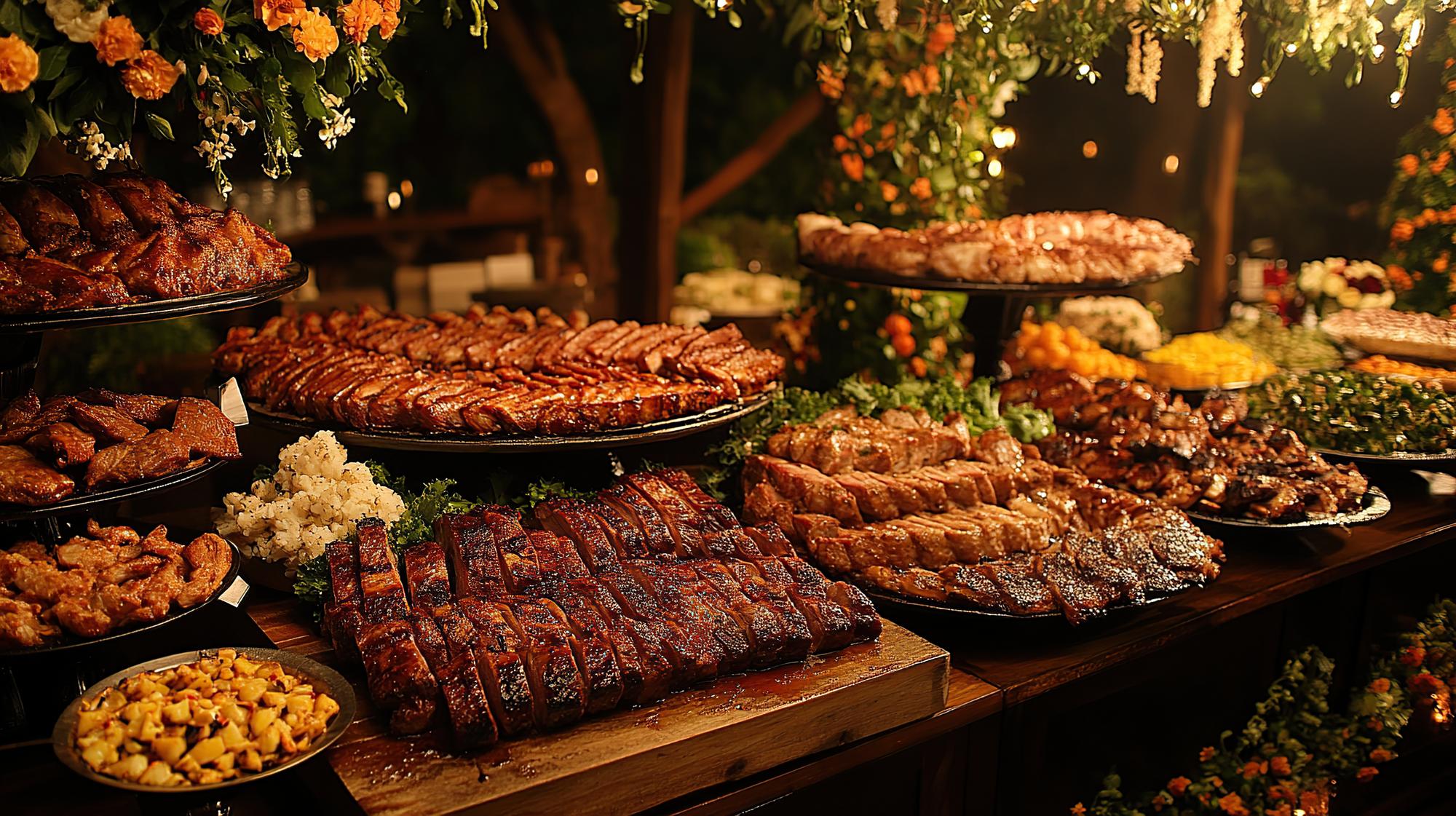 Buffet de churrasco abundante com várias carnes e guarnições exibidas em pratos em camadas em um evento ao ar livre
