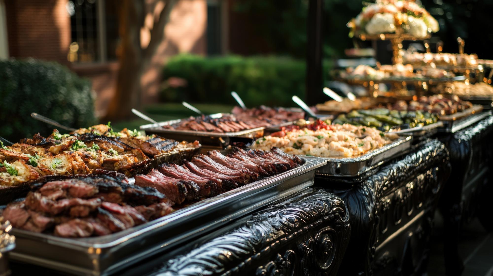 Carnes grelhadas e acompanhamentos em uma mesa de buffet