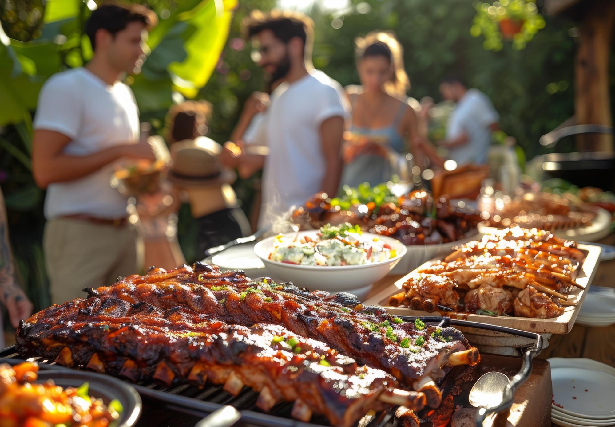 Uma mesa com uma variedade de pratos de churrasco, incluindo costelas, frango e saladas. As pessoas ao fundo se servem desfrutando da deliciosa refeição na festa de barbeque.