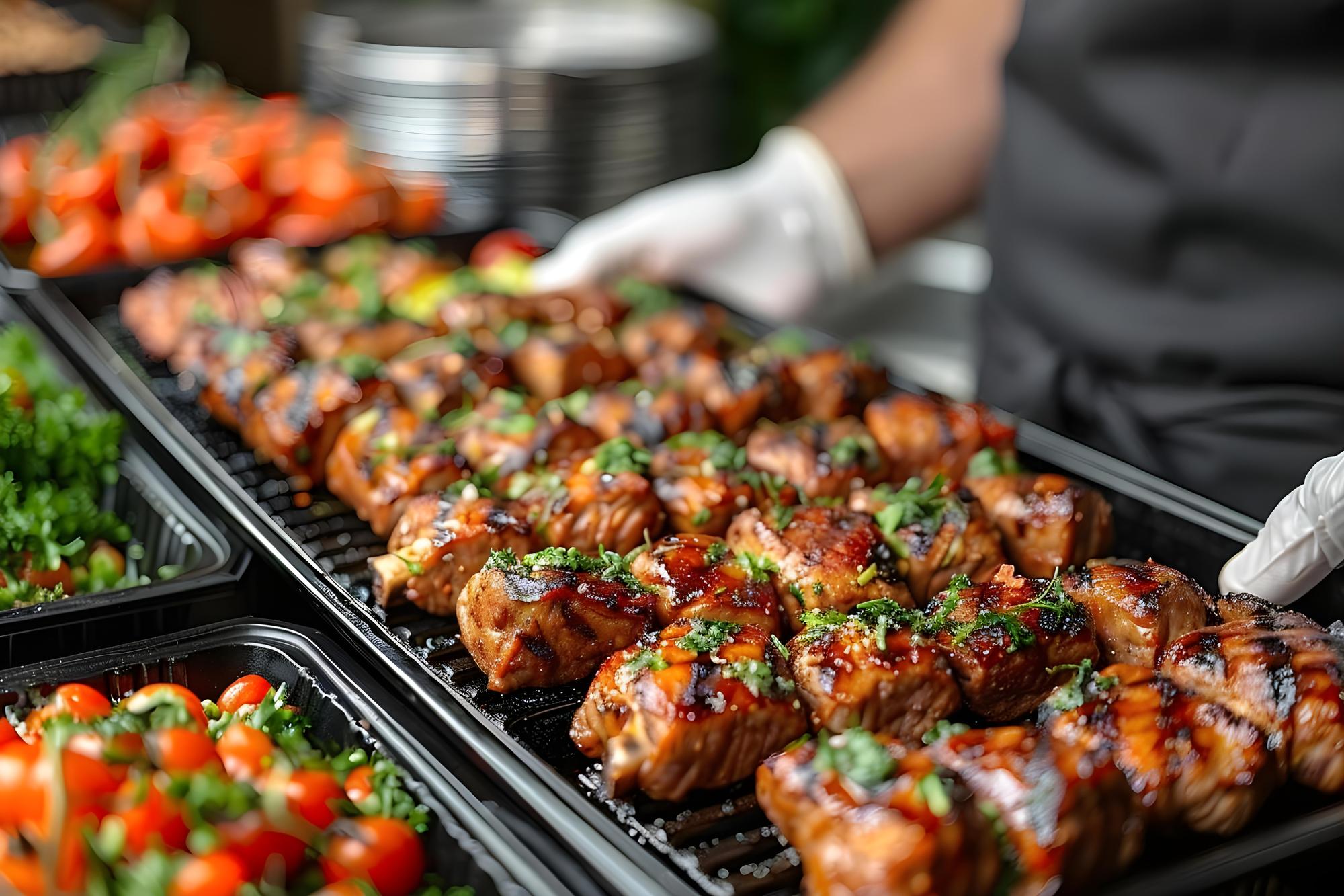 Catering elegante Spread com delicias grelhadas Sizzling conceito Gourmet trata de água na boca apresentação deliciosas sobremesas sabores satisfatórios tendências de catering