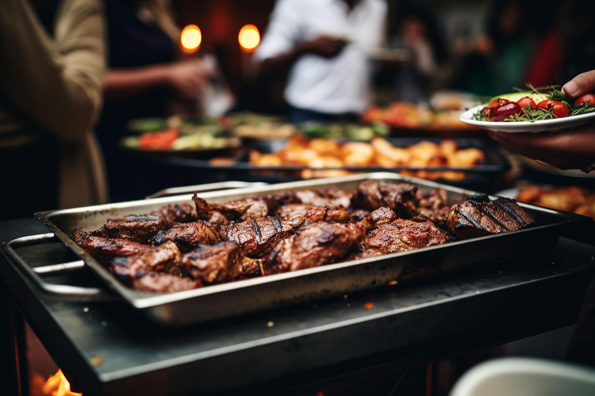 Grupo de pessoas desfrutando de um buffet de catering interno