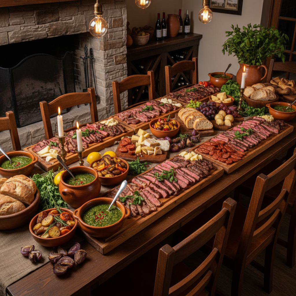 Mesa de banquete decorada com tábuas de madeira, carnes fatiadas e molho chimichurri em potes de cerâmica