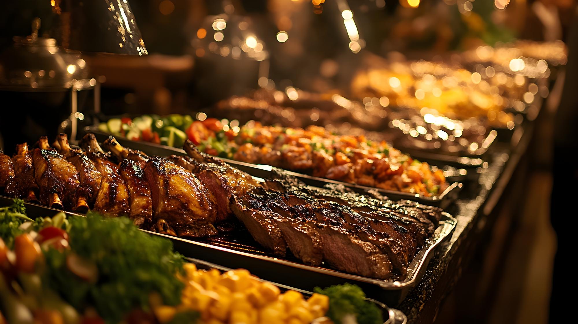 Um banquete suntuoso numa longa mesa de buffet com vários pratos e iluminação ao fundo.